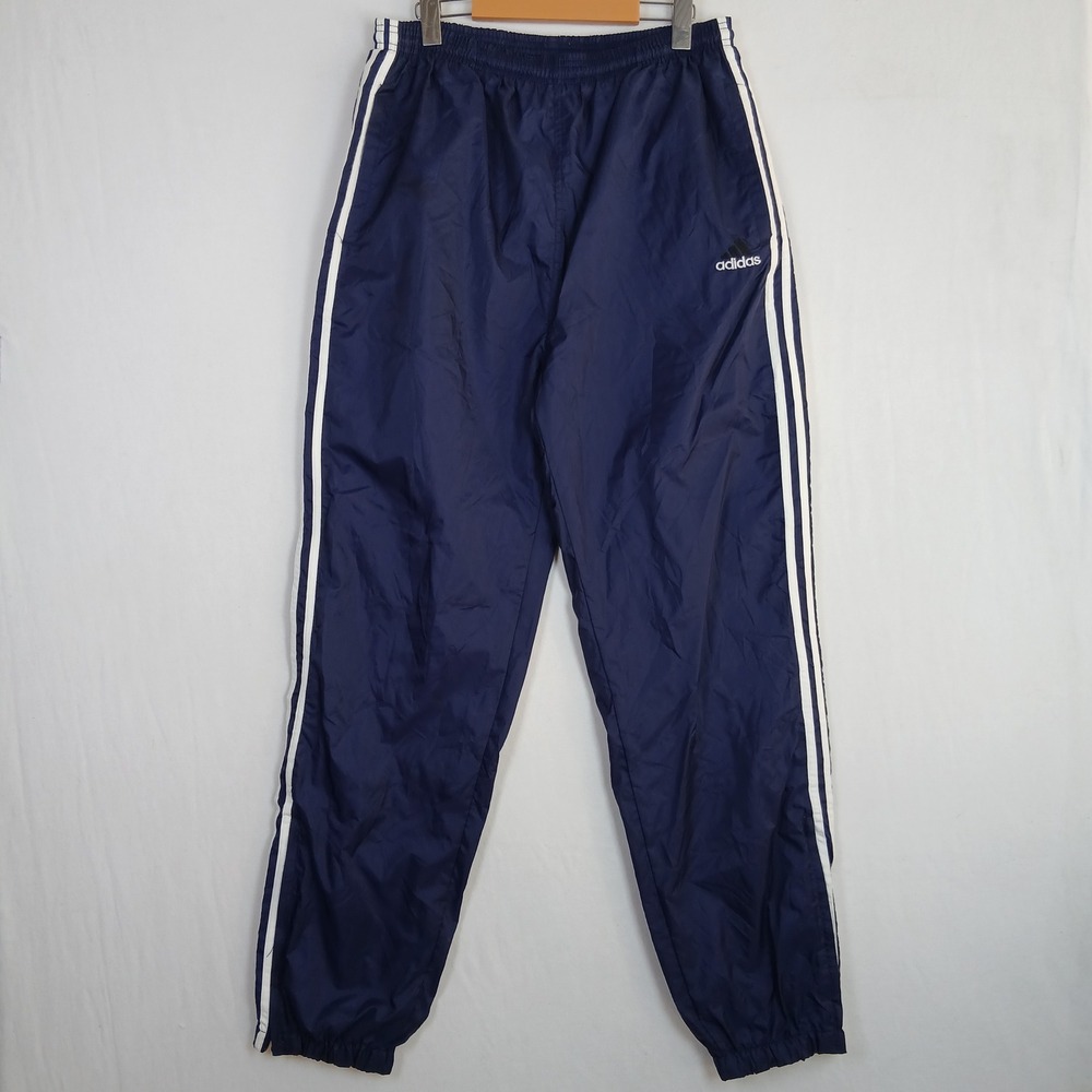 Vintage Adidas Navy Blue Nylon Track Pants 3 Stripe Joggers Large RN 88387